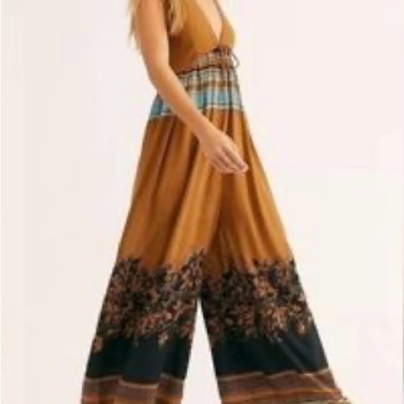 Women's Wide-Leg Jumpsuit In Mustard With Floral Trim